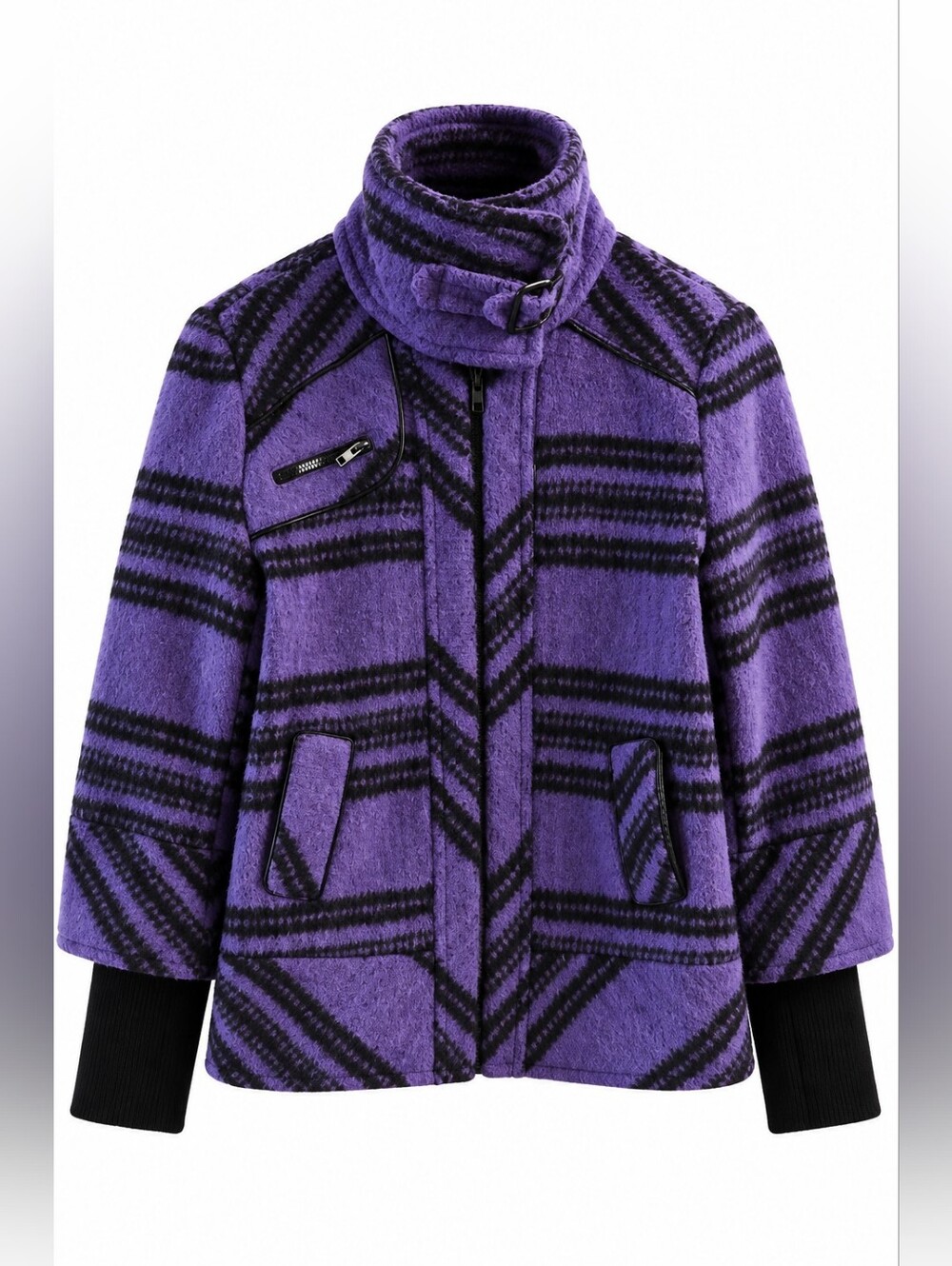 Ci Sono Purple Black Plaid 60% Wool Funnel Neck Coat Jacket M, Tailored, Moto